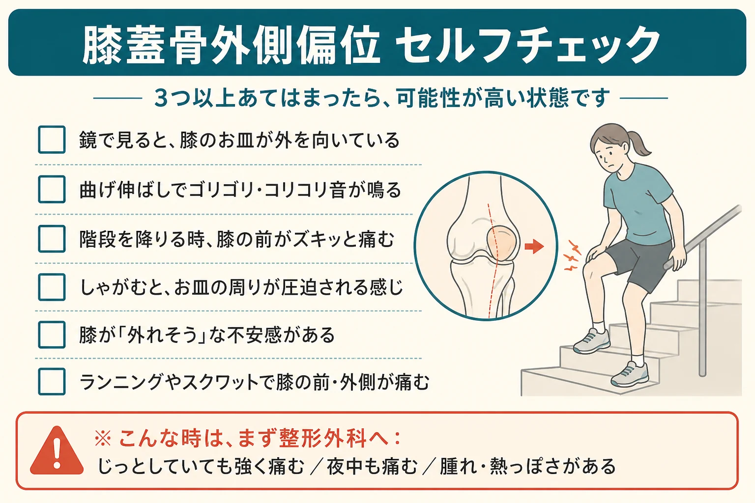 膝蓋骨外側偏位のセルフチェック6項目。3つ以上あてはまると可能性が高い。夜間痛や腫れ・熱感がある場合はまず整形外科へ
