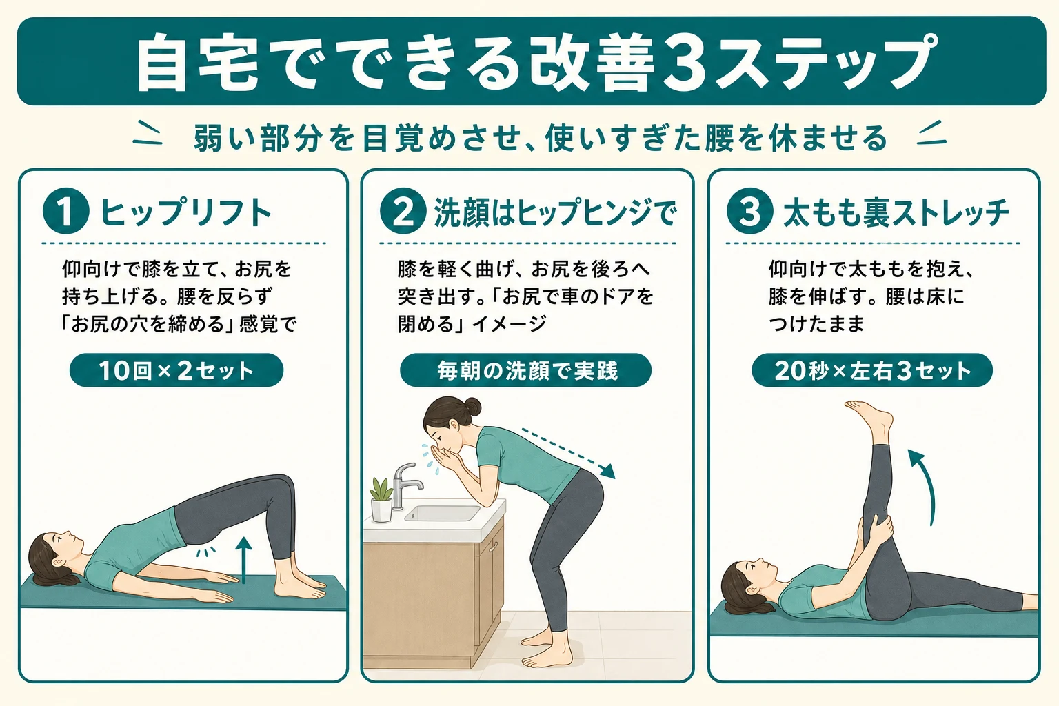 洗顔腰痛の改善3ステップ：ヒップリフト、洗顔時のヒップヒンジ、太もも裏ストレッチ