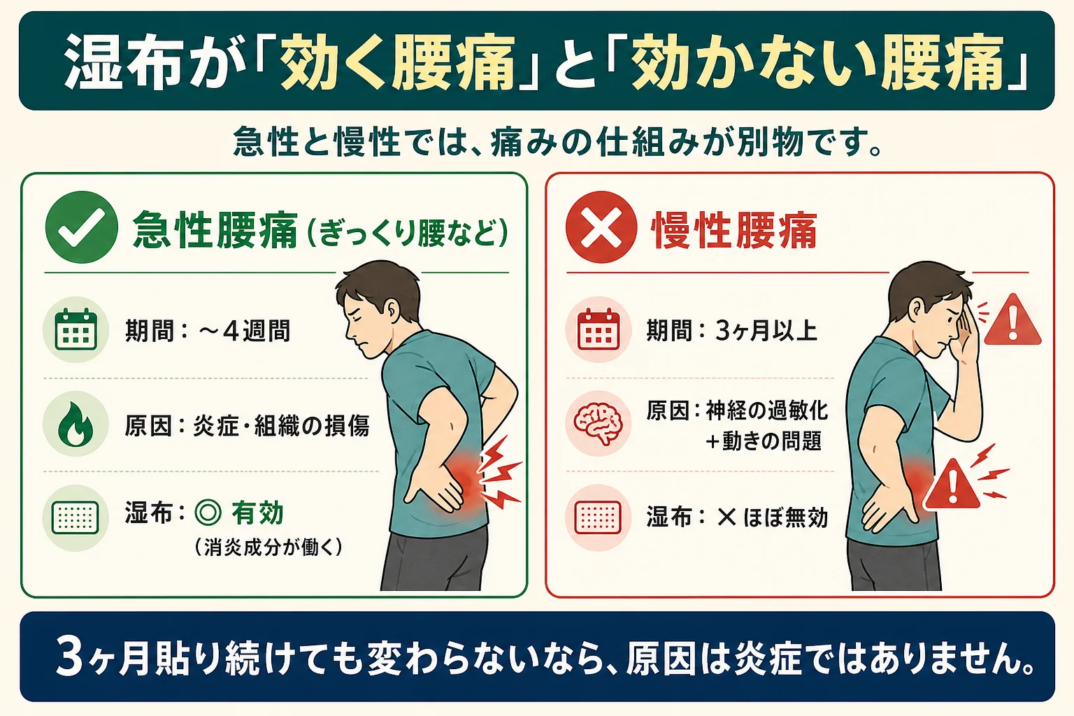 湿布が効く急性腰痛（〜4週間・炎症が原因）と効かない慢性腰痛（3ヶ月以上・神経の過敏化＋動きの問題）の比較図解