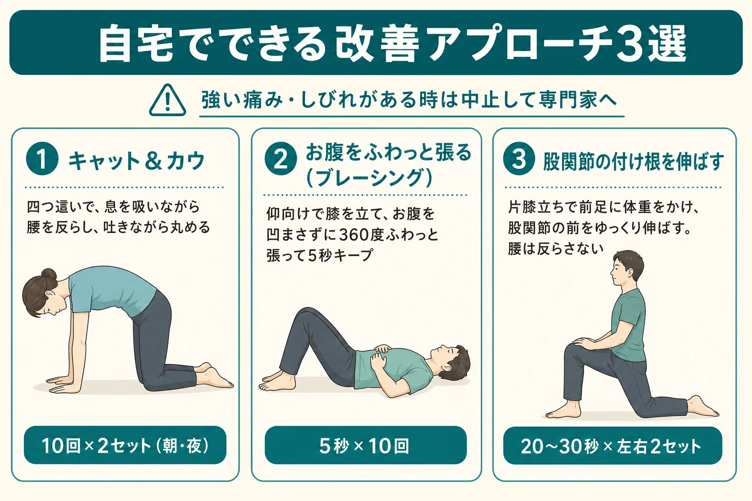 慢性腰痛の自宅セルフケア3選の図解：キャット＆カウ・お腹をふわっと張るブレーシング・股関節の付け根を伸ばすストレッチ