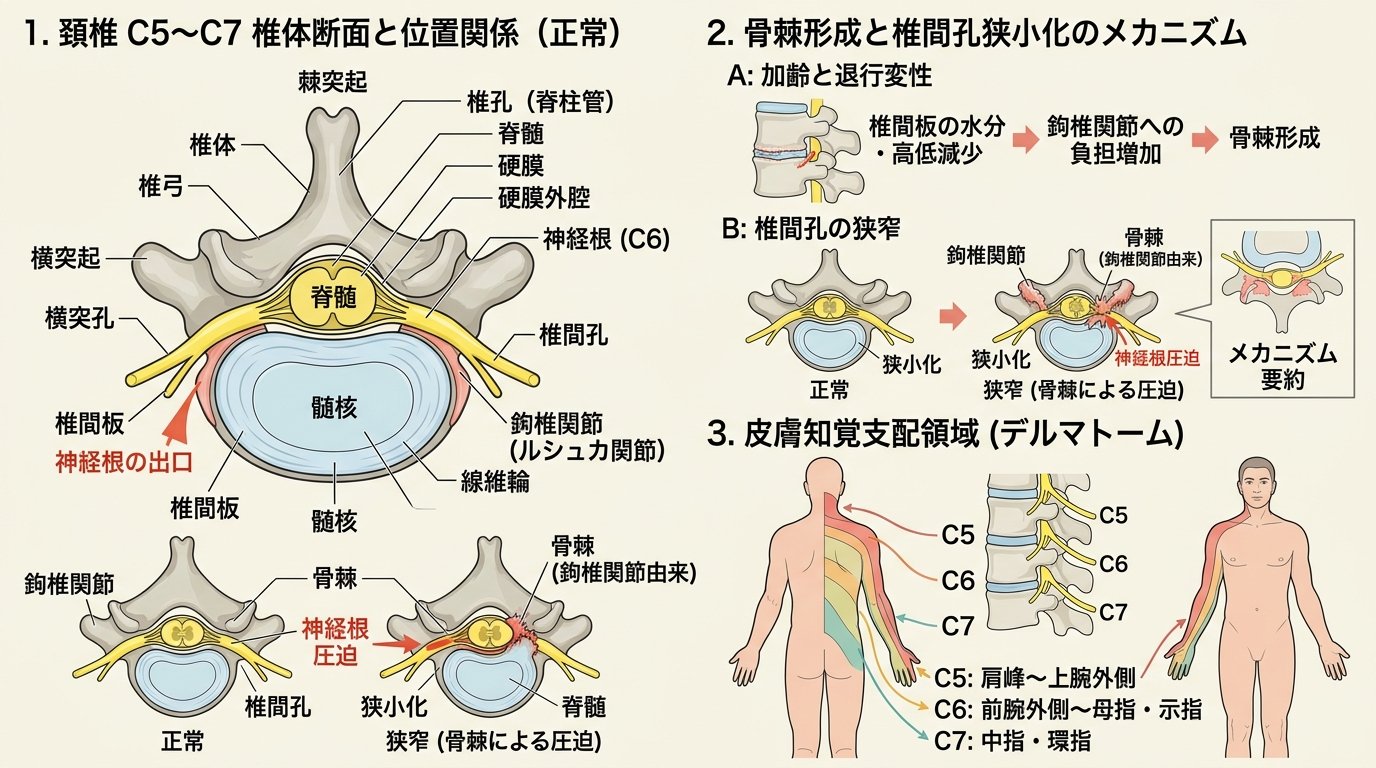 頚椎の解剖：椎間板・神経根・脊髄の位置関係と頚椎症の圧迫メカニズム