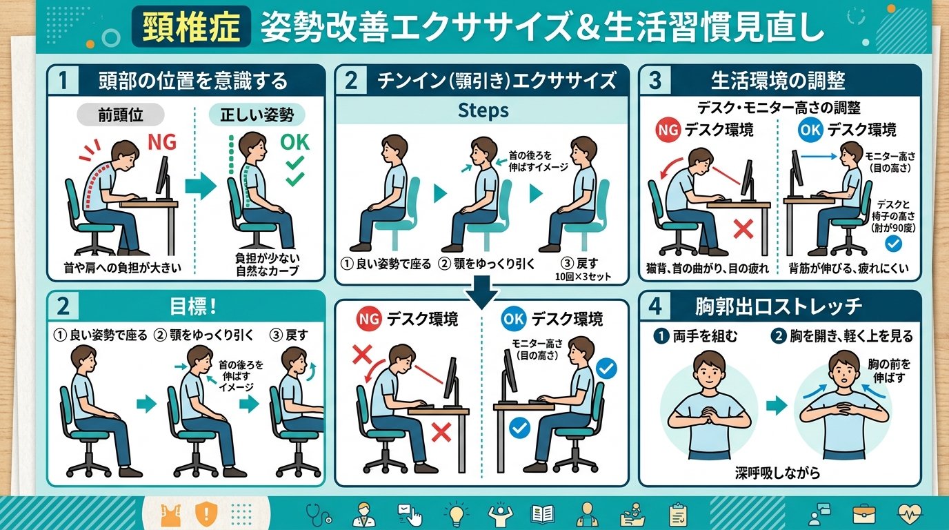 頚椎症の姿勢改善と段階的回復プログラム：チンインから頚部深部筋強化まで