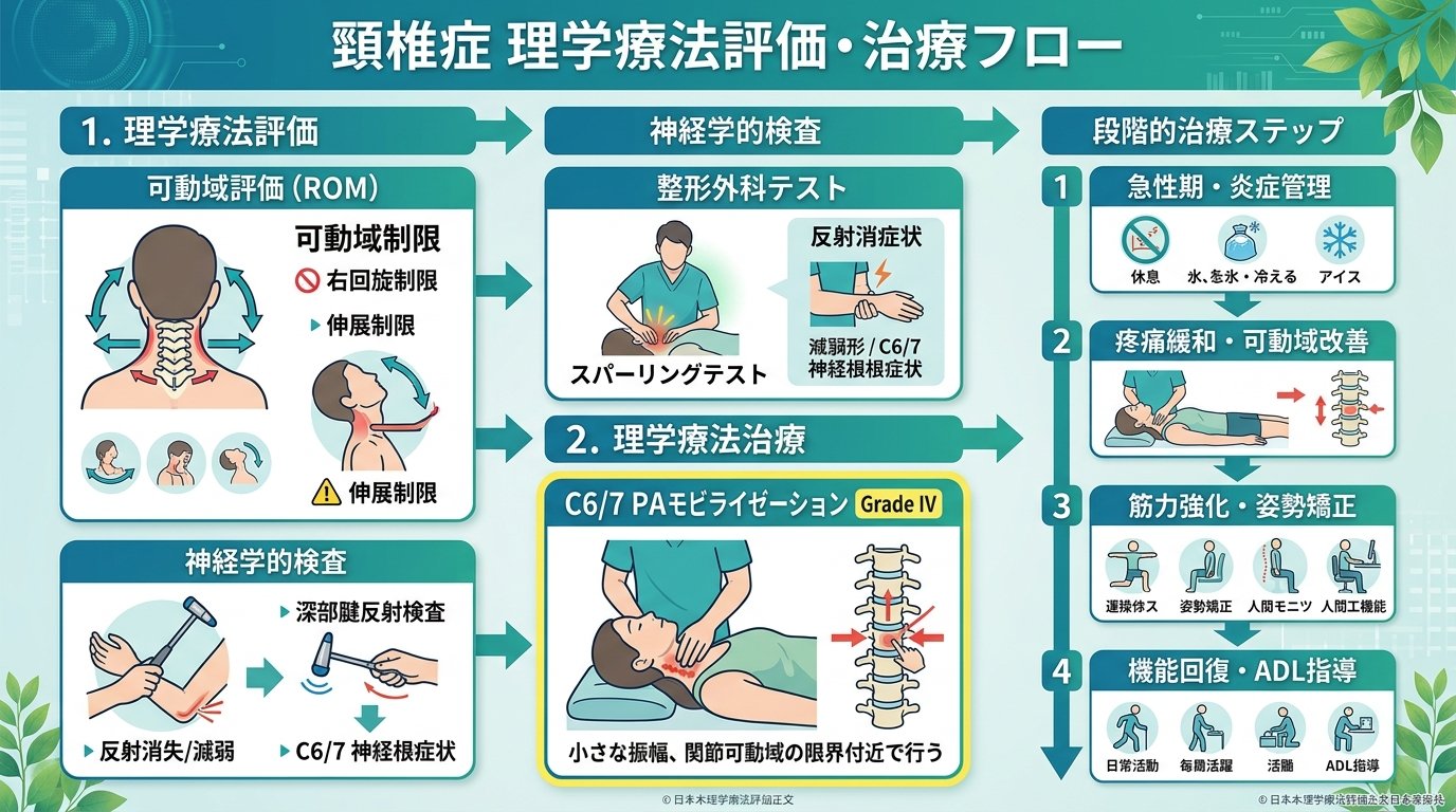 頚椎症の理学療法評価フロー：神経学的評価・可動域・PAモビライゼーション