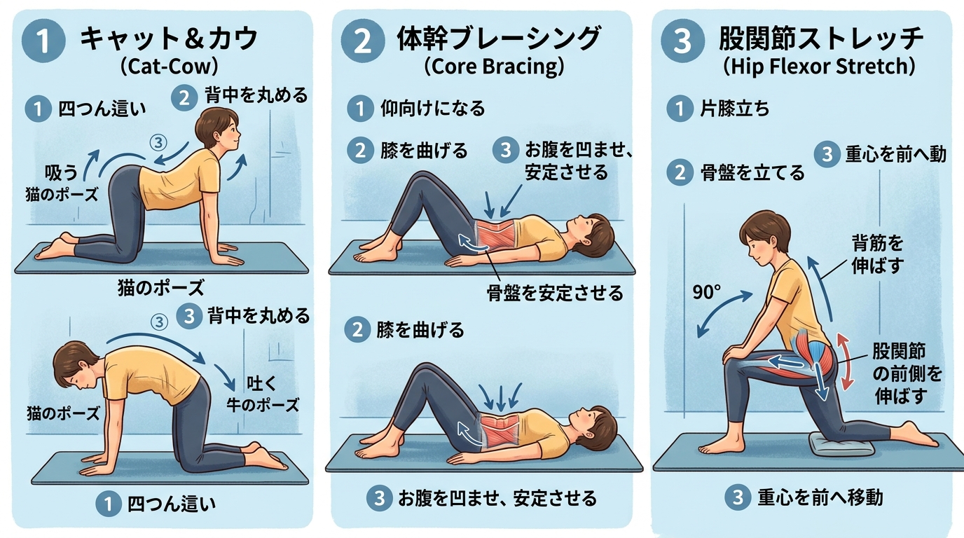 腰痛改善エクササイズ3選図解