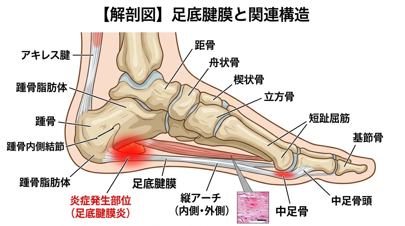 足底腱膜の解剖：踵骨付着部から趾骨底まで、アーチ支持機能と炎症発生部位