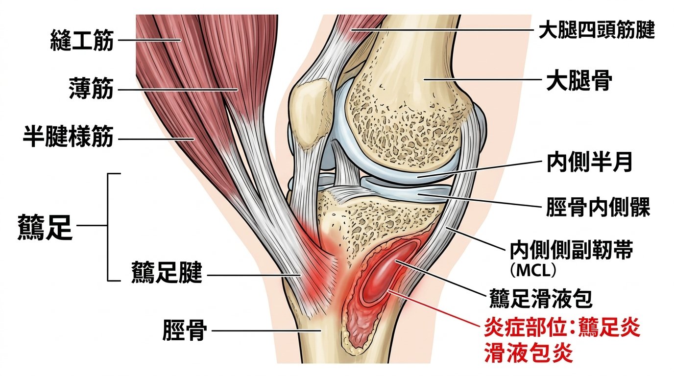 鵞足の解剖：縫工筋・薄筋・半腱様筋の付着部と炎症メカニズム
