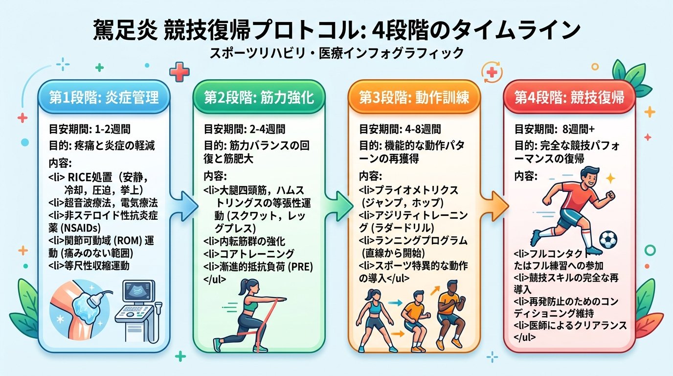 鵞足炎の競技復帰プロトコル：段階的ステップ