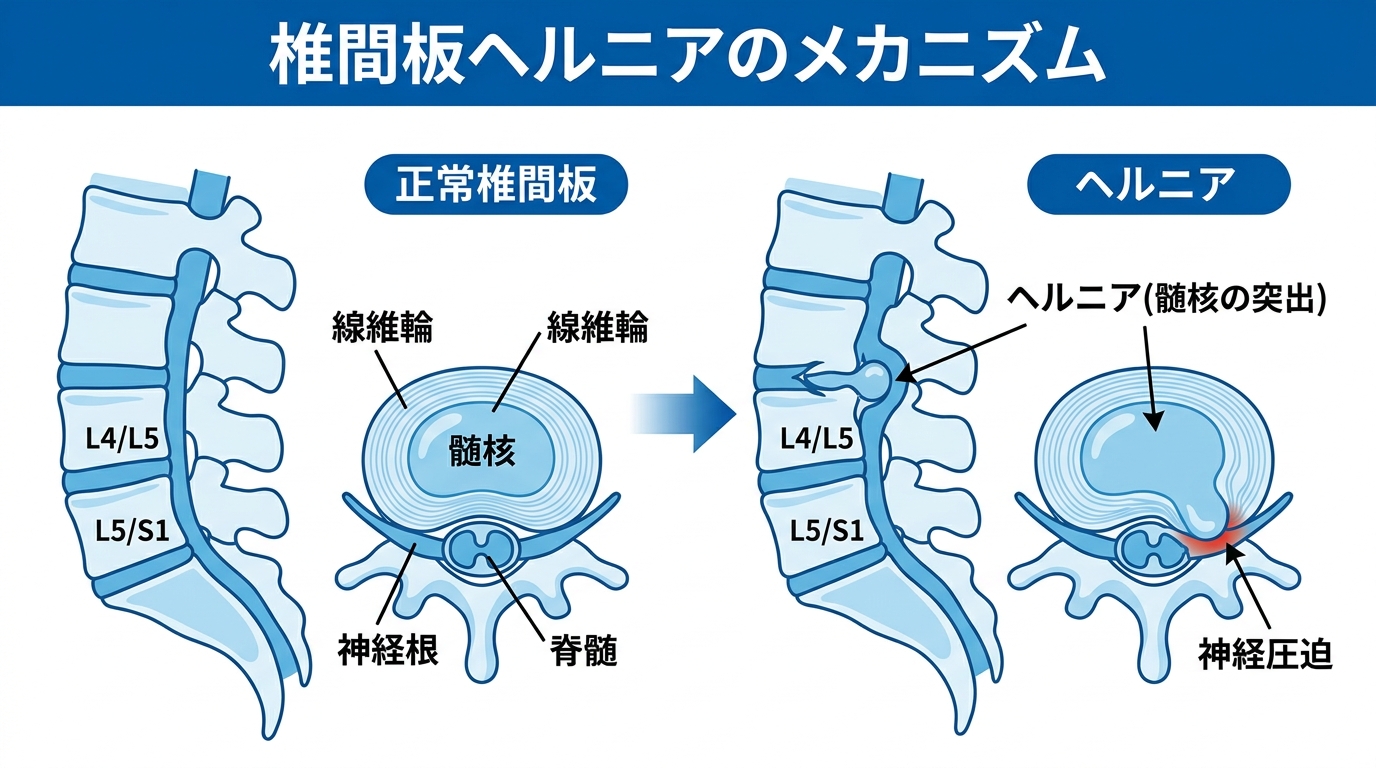 腰椎椎間板ヘルニアの構造と神経圧迫メカニズム