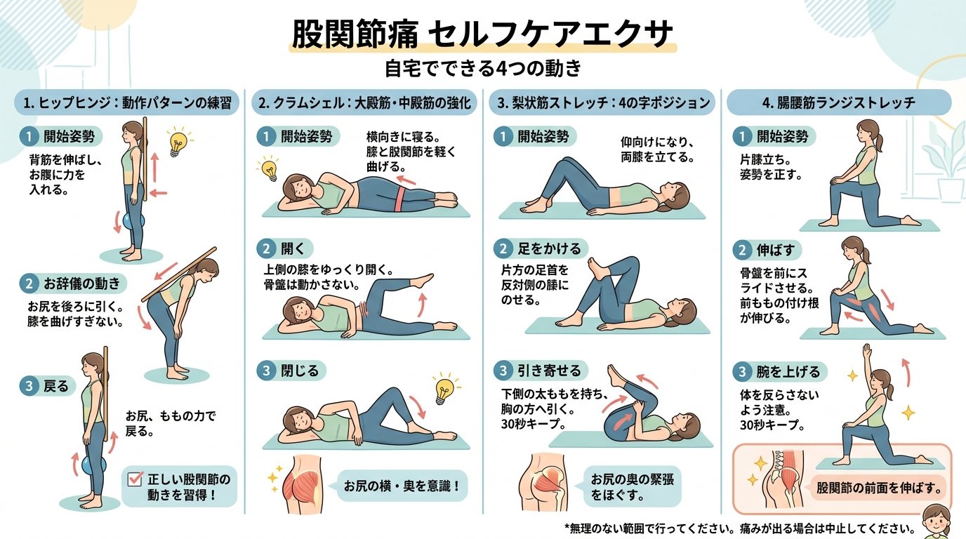 股関節痛のセルフケア：大殿筋強化・ヒップヒンジ・股関節ストレッチ