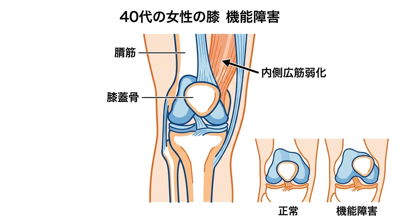 40代女性の膝蓋大腿関節障害の評価と治療アプローチ図