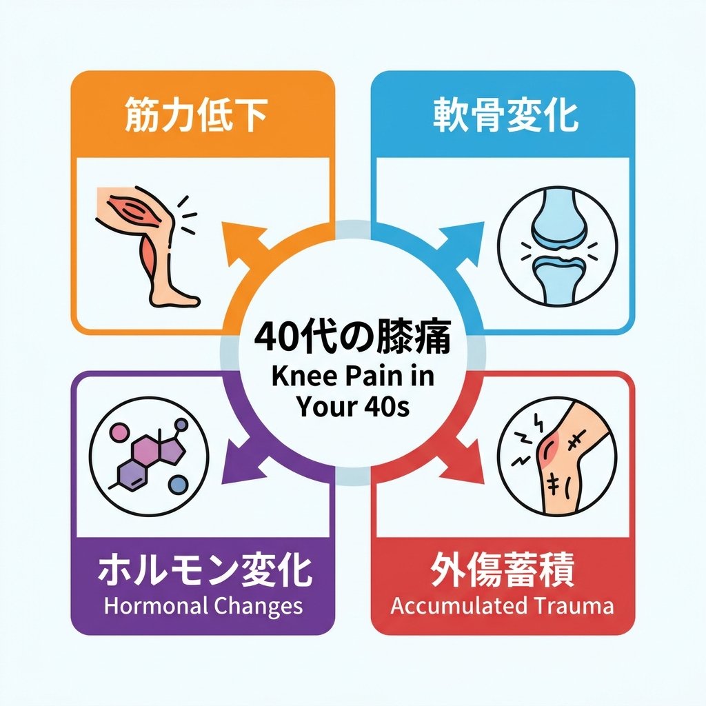 40代に膝痛が増える4つの理由：筋力低下・軟骨変化・ホルモン変化・外傷蓄積