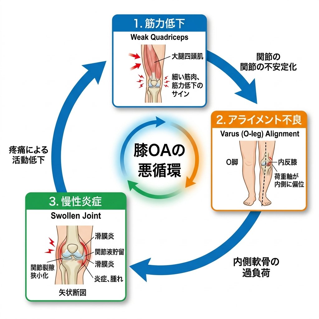 変形性膝関節症の3つのメカニズム：筋力低下・アライメント不良・慢性炎症