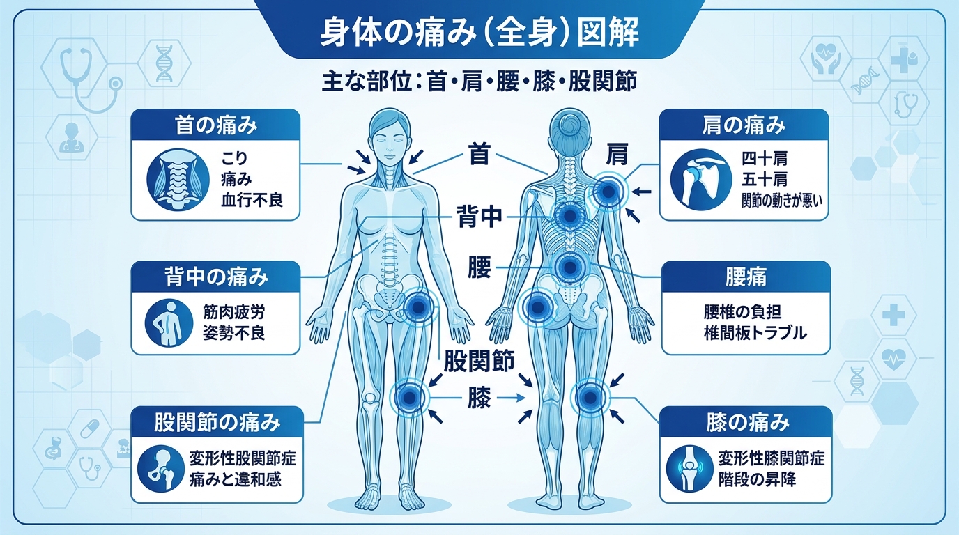 フィジオサロンキムラが対応する症状：肩こり・腰痛・膝痛・スポーツ障害など