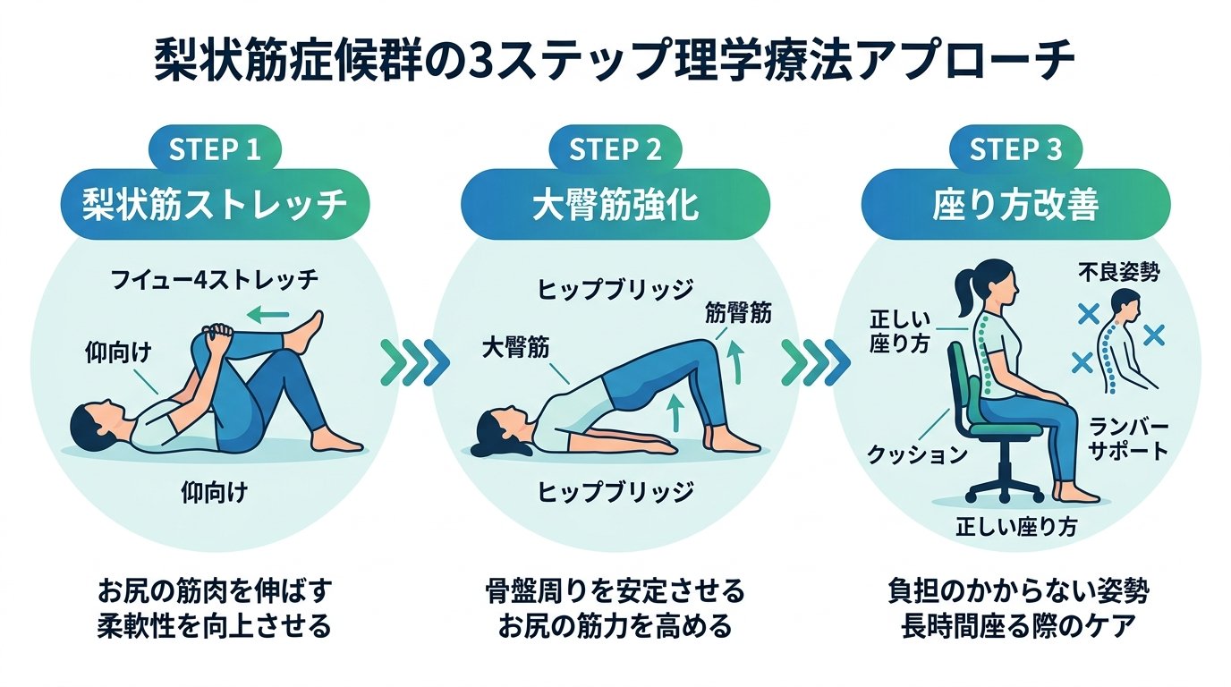 梨状筋症候群の理学療法アプローチ：股関節安定性トレーニングと神経モビライゼーションのフロー図