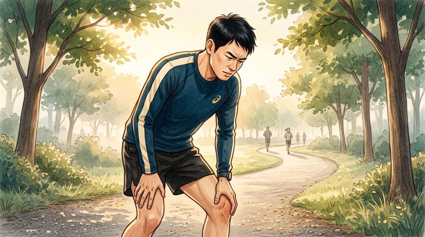 膝を気にして走りをやめたランナー男性のイラスト