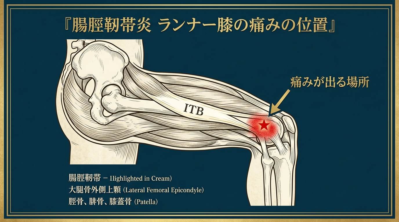 腸脛靭帯炎（ランナー膝）の解剖図と痛みの位置