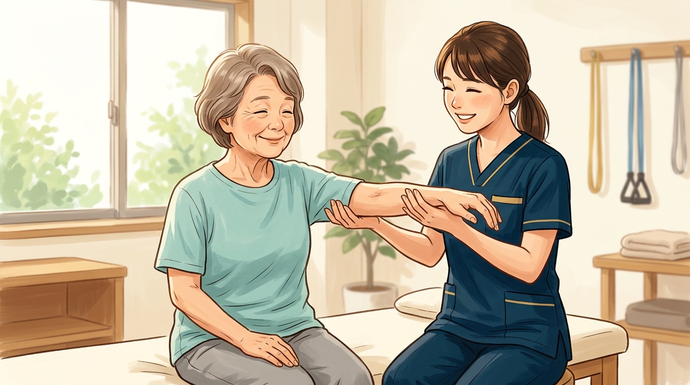 70代女性が理学療法士の施術を受けている高齢者整体のイラスト