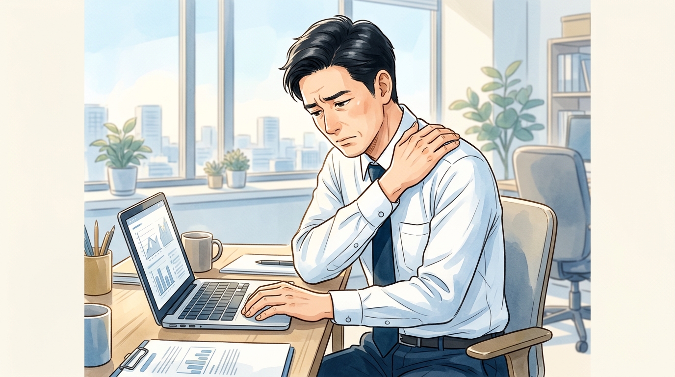 デスクワークで疲れた会社員のイラスト（肩の重だるさを抱える30-40代男性）