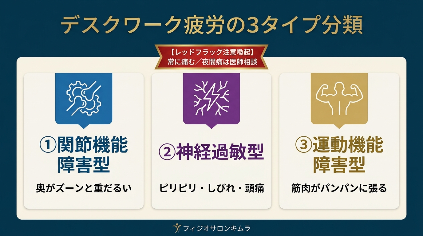 デスクワーク疲労の3タイプ分類（関節機能障害・神経過敏・運動機能障害）