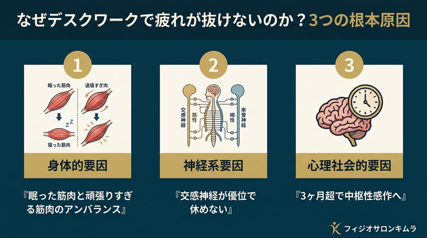 なぜデスクワークで疲れるのか3つの根本原因（身体・神経・心理社会）
