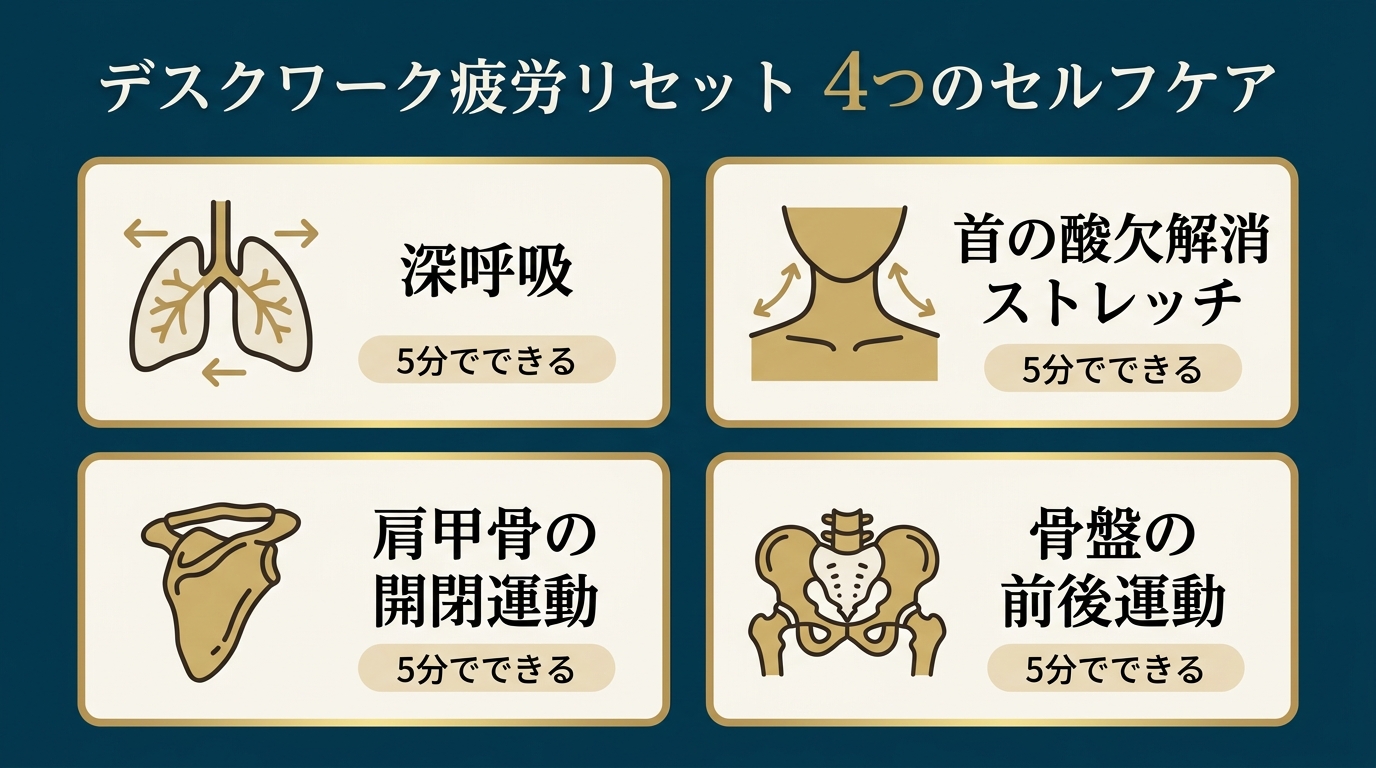 デスクワーク疲労リセット4つのセルフケア（深呼吸・首・肩甲骨・骨盤）