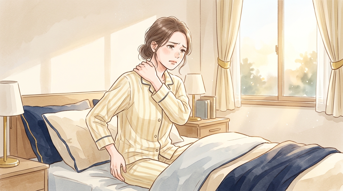 朝起きて首を押さえて寝違えで困っている人のイラスト