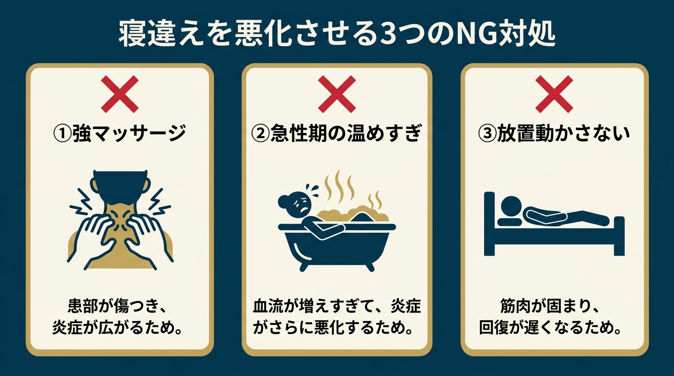寝違えを悪化させる3つのNG対処（強マッサージ・温め過ぎ・放置）