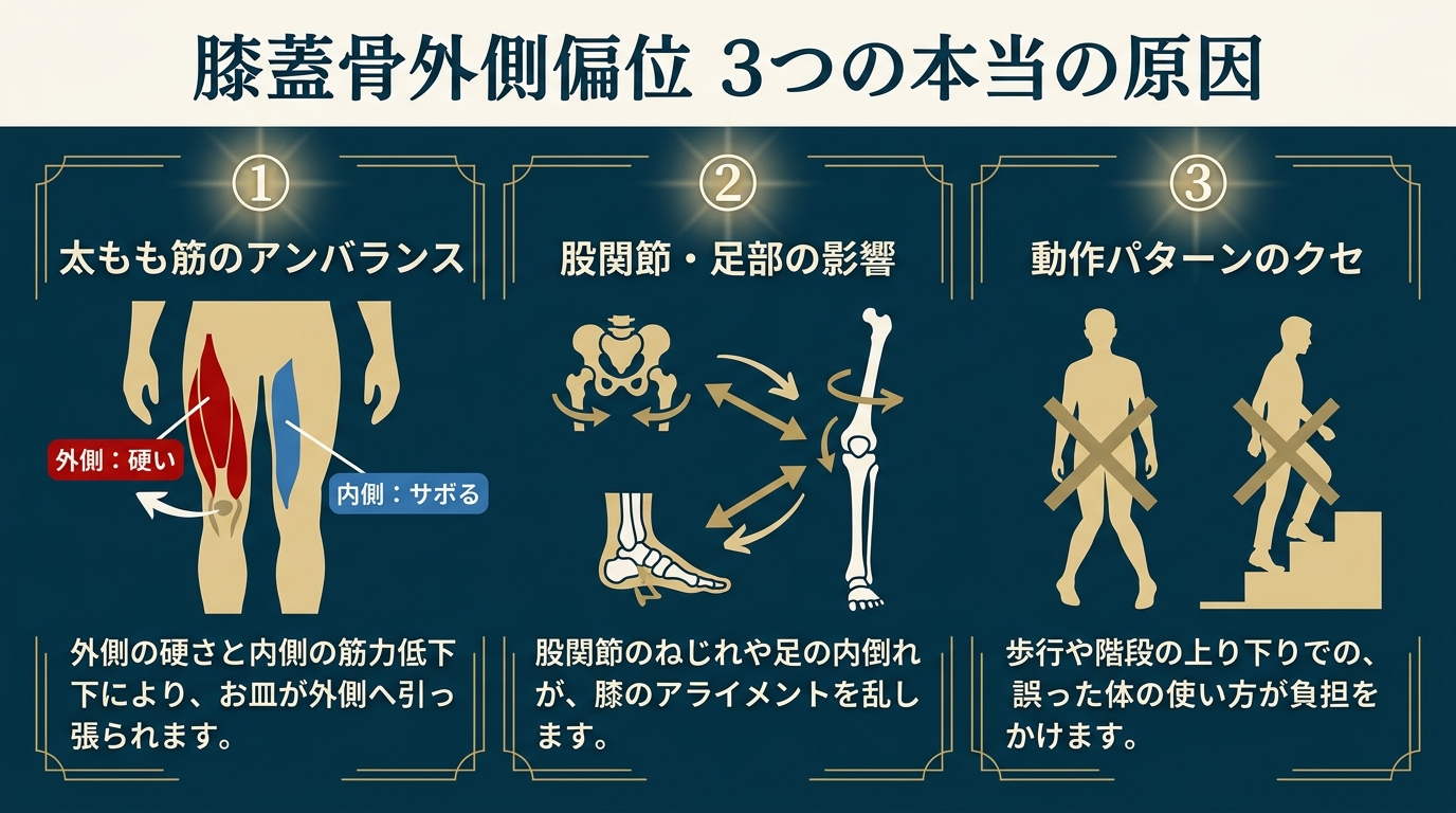 膝蓋骨外側偏位 3つの本当の原因（太もも筋・股関節足部・動作パターン）
