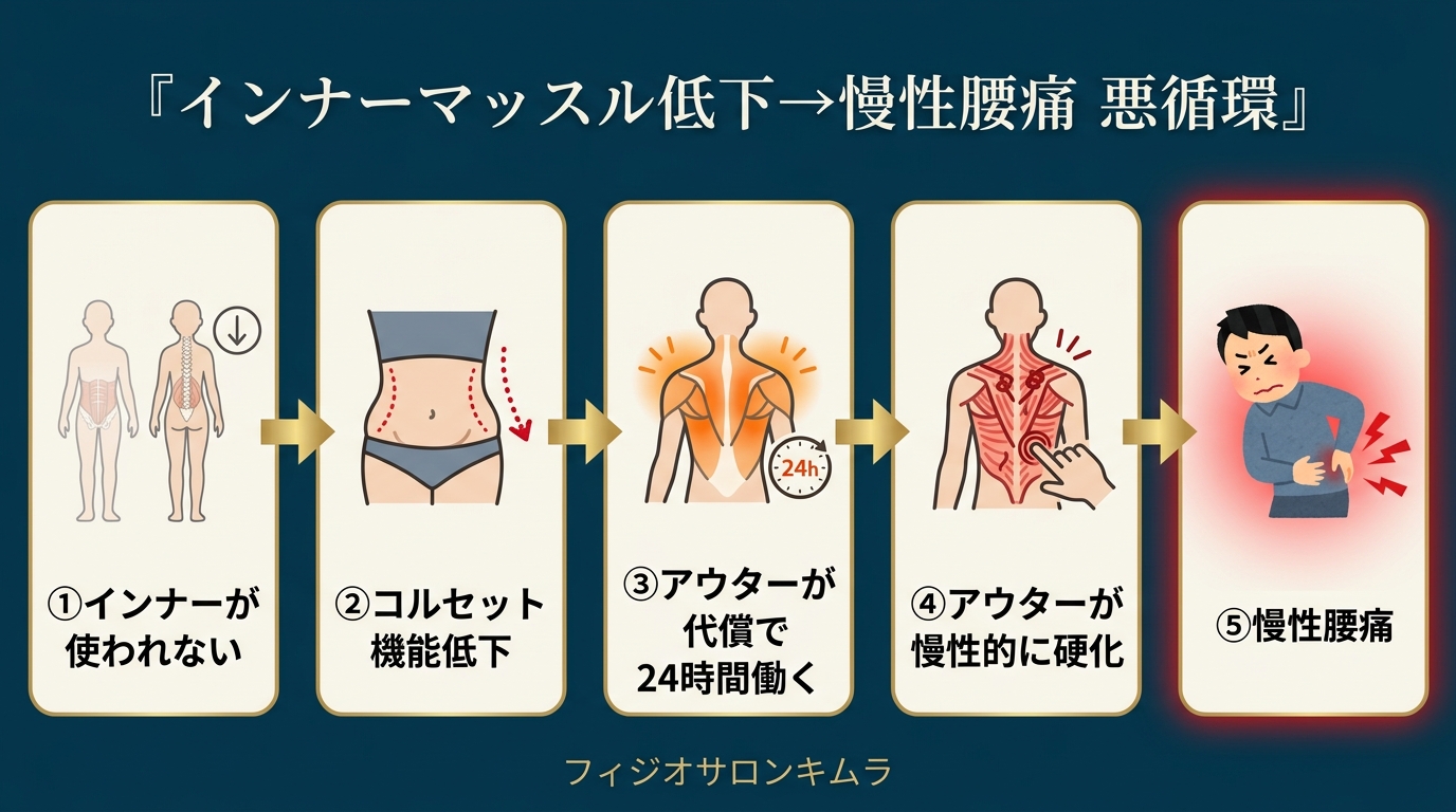 インナーマッスル低下から慢性腰痛への悪循環フロー