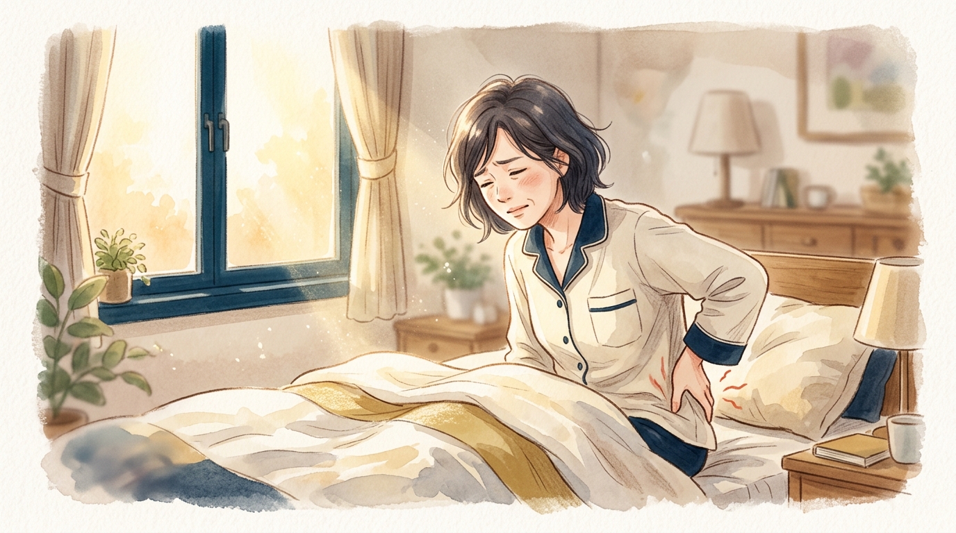 朝ベッドで起き上がろうとして体の硬さに困る女性のイラスト