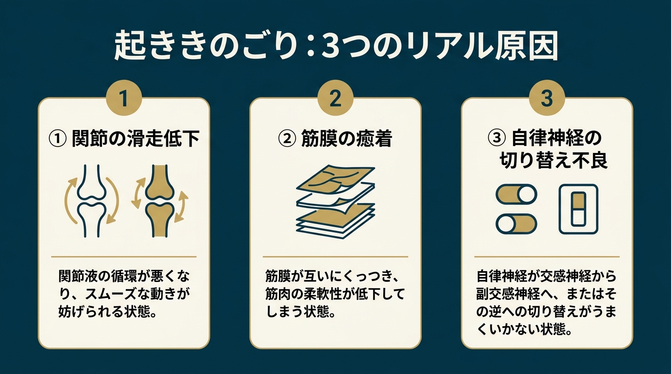 寝起きの硬さ3つの本当の原因（関節滑走・筋膜癒着・自律神経）