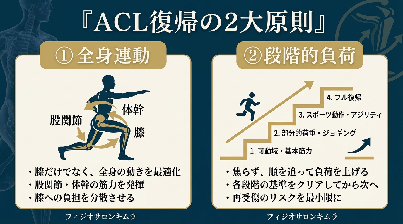 ACL復帰の2大原則：全身連動と段階的負荷