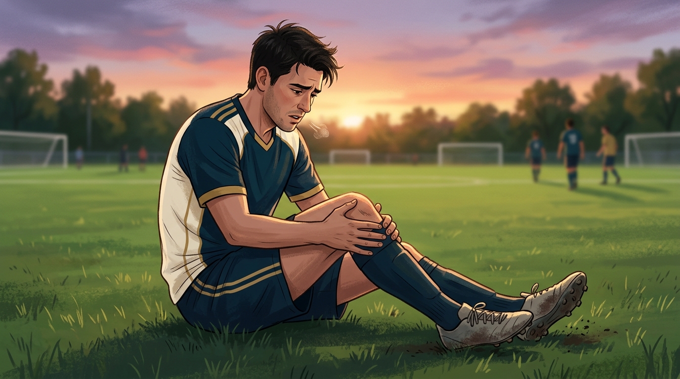 ACL損傷で不安を抱えるサッカー選手のイラスト