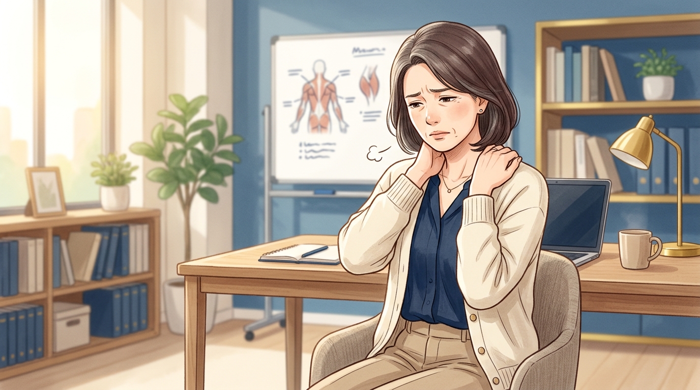 40代女性が首肩を押さえて辛そうなイラスト（T4症候群の症状）