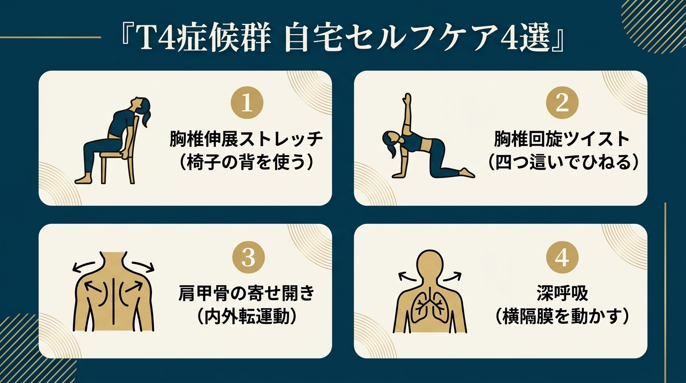 T4症候群 自宅セルフケア4選（胸椎伸展・回旋・肩甲骨・深呼吸）