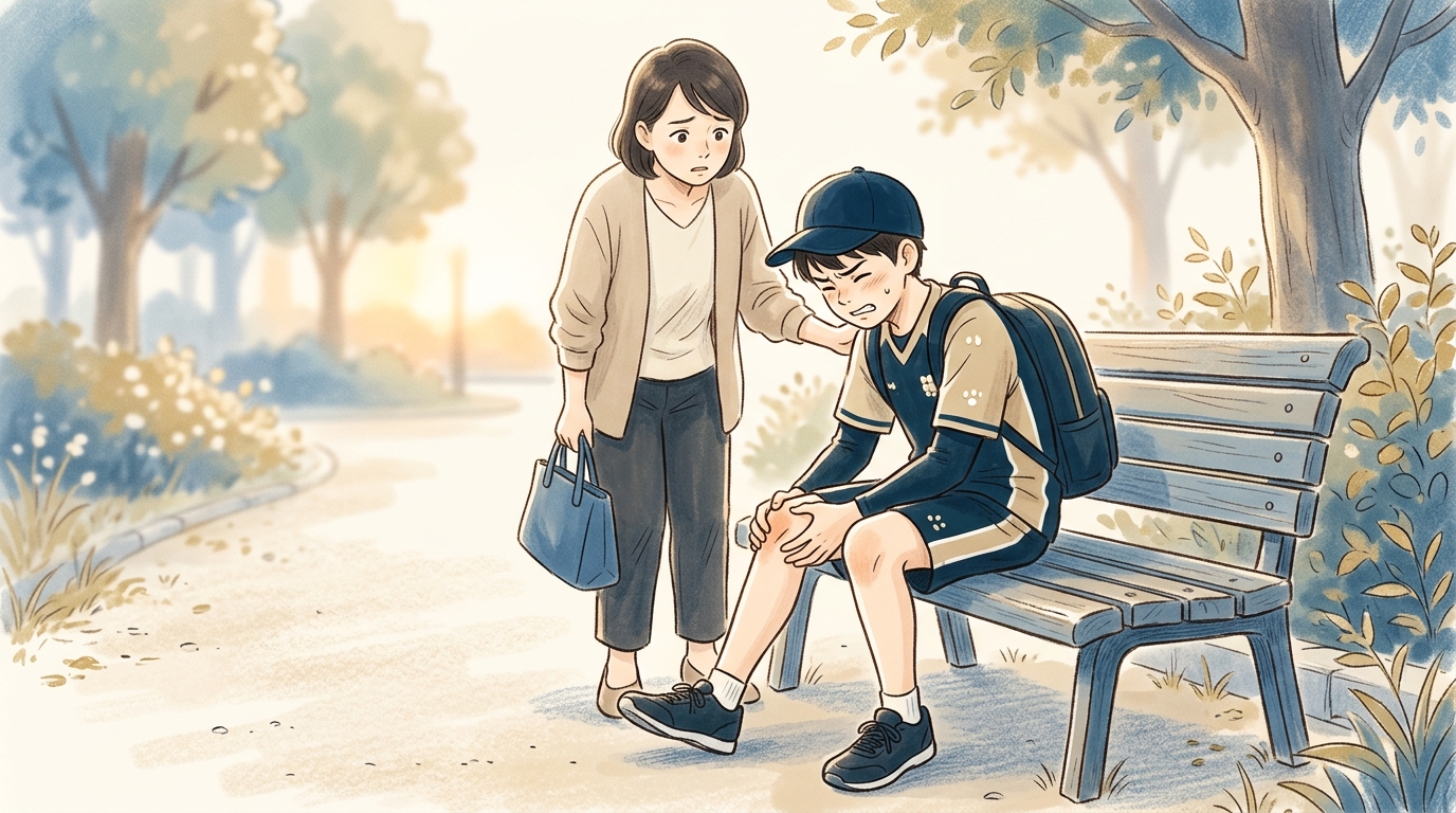 膝を痛がる中学生とそれを見守る親のイラスト