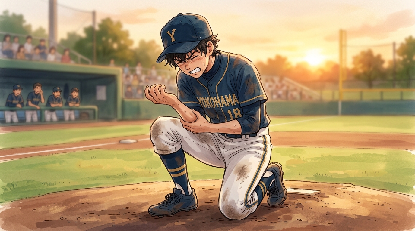 投球後に肘を痛がる高校生ピッチャーのイラスト