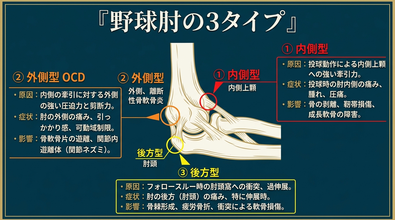 野球肘の3タイプ（内側型・外側型・後方型）