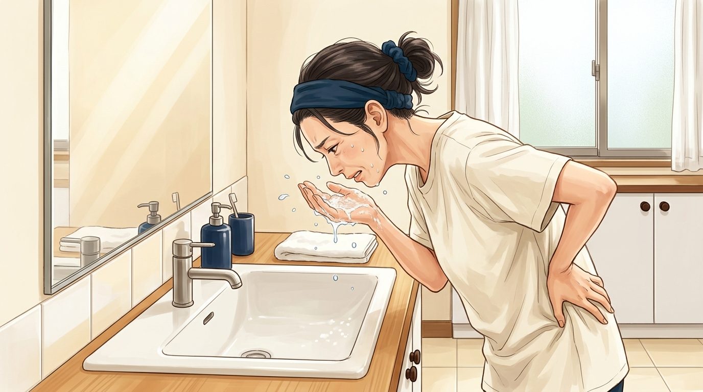 朝の洗顔で腰が痛む40代女性のイメージ｜腰椎屈曲症候群｜フィジオサロンキムラ