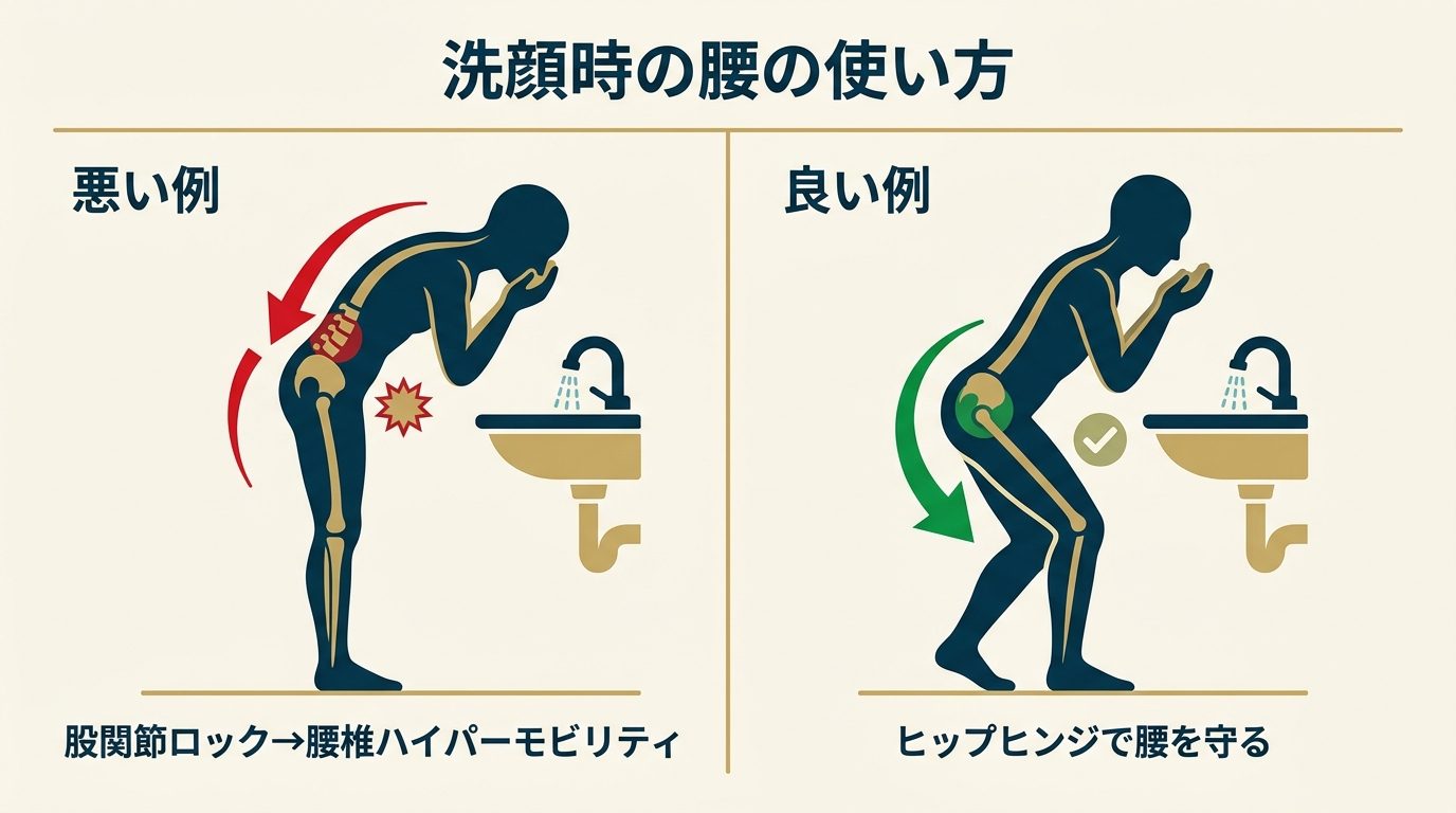 腰椎屈曲症候群の仕組み図解｜股関節ロックvsヒップヒンジ｜フィジオサロンキムラ