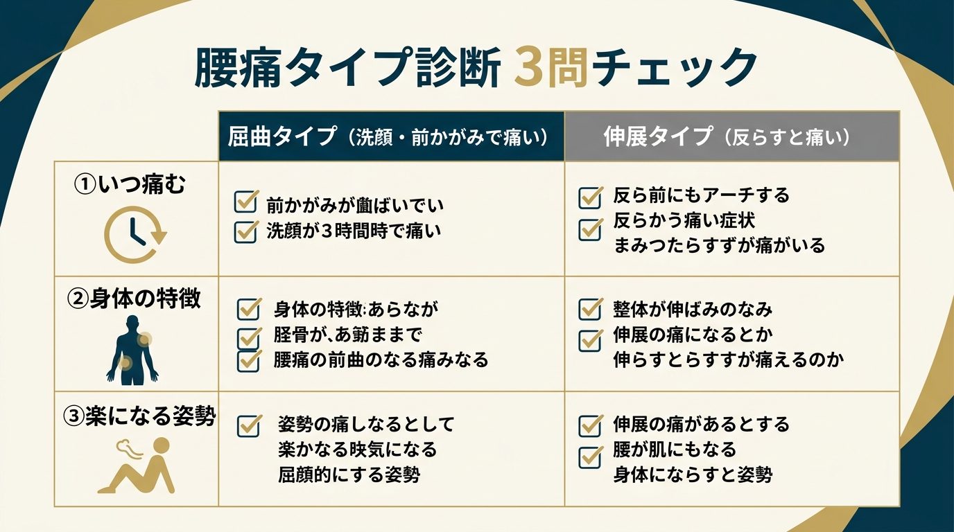 腰痛タイプ診断3問チェック｜屈曲タイプvs伸展タイプ比較｜フィジオサロンキムラ