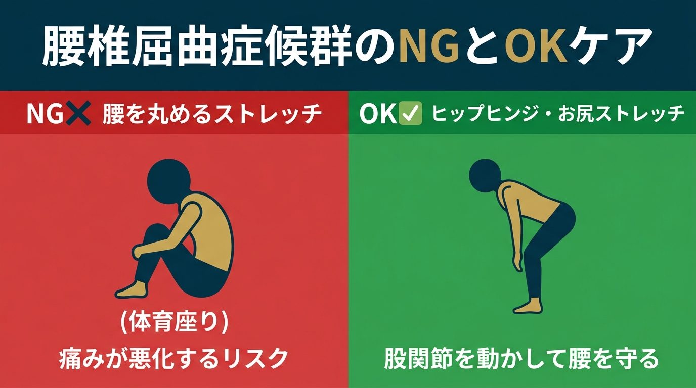 腰椎屈曲症候群のNGとOKセルフケア比較｜やってはいけないストレッチ｜フィジオサロンキムラ