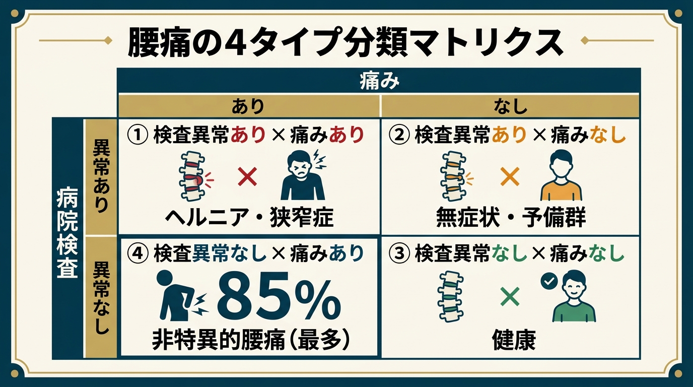 腰痛の4タイプ分類マトリクス図 - 病院検査と痛みの有無で4タイプに分類