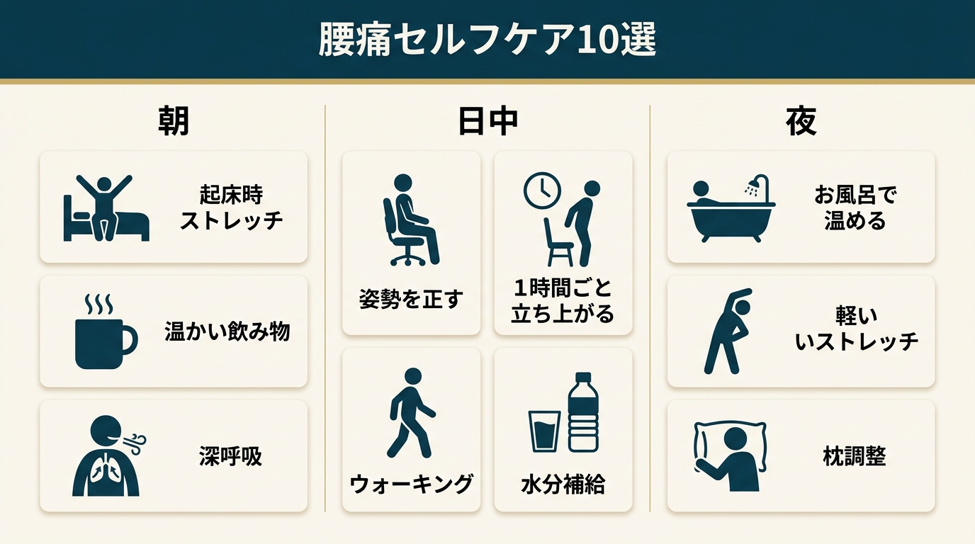 腰痛セルフケア10選 - 朝・日中・夜の時間帯別対策