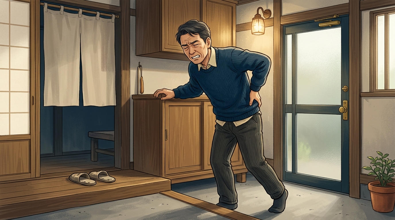 腰痛で足を引きずる男性のイラスト