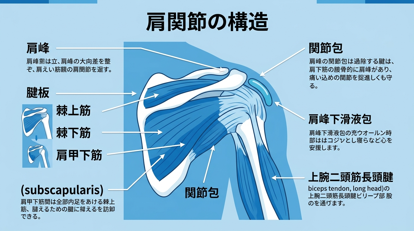 肩関節の解剖図:関節包・腱板・肩峰下滑液包の位置関係