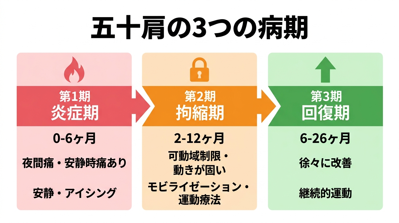 五十肩の病期:炎症期・拘縮期・回復期の経過と対処法