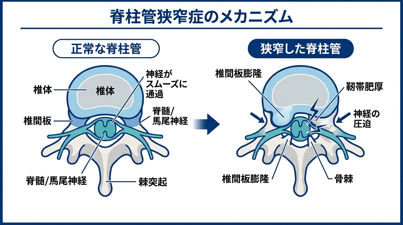 脊柱管の構造と狭窄のメカニズム図解