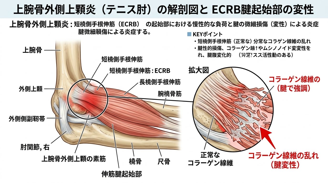 上腕骨外側上顆炎の解剖：短橈側手根伸筋付着部・腱変性のメカニズム