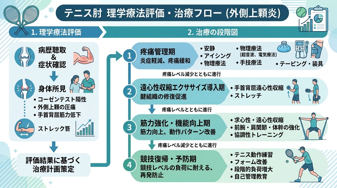 テニス肘の理学療法評価と治療フロー：コーゼンテスト・遠心性収縮エクサ